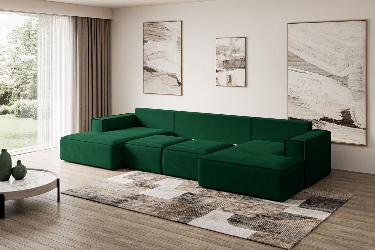 WOHNLANDSCHAFT mit Schlaffunktion und Bettkasten SIERRA-U-S - 349x161x87 cm Grün Velours - Schwarz/Grün, Holzwerkstoff/Kunststoff (349/87/161cm) - ALTDECOR