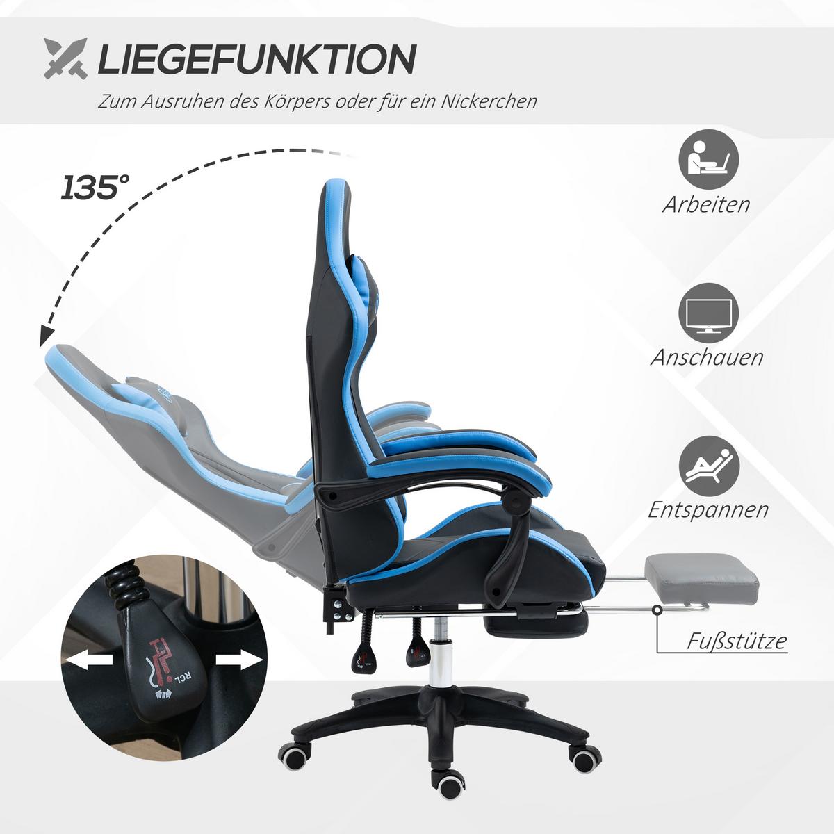 GAMING Stuhl, Kunstleder, Schwarz+Blau - Multicolor, Leder (65/129/65cm) - Vinsetto