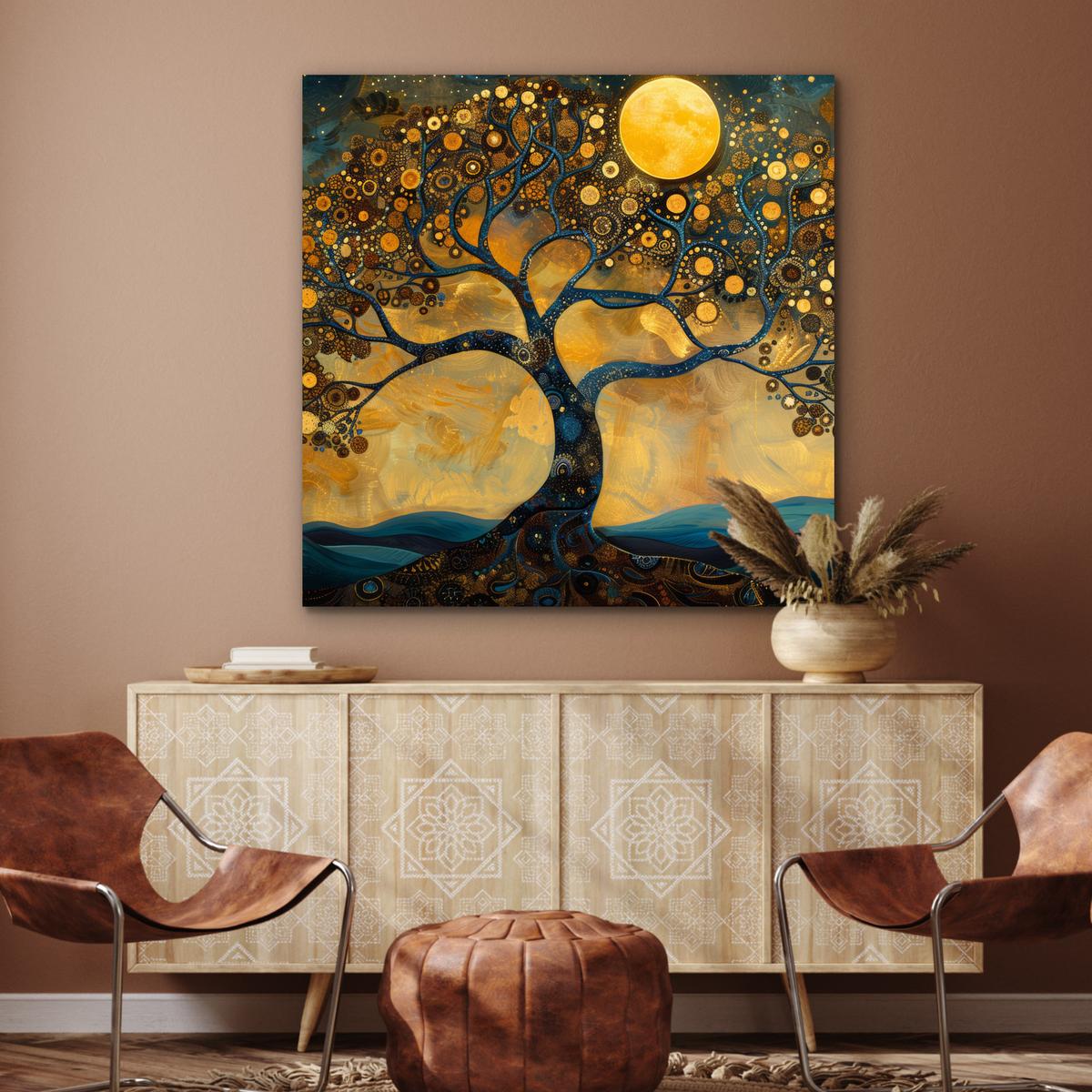 METALLBILD Baum - Mond - Blumen - Gold - Kunst 90x90 cm - Orange, Metall (90/90cm) - MuchoWow