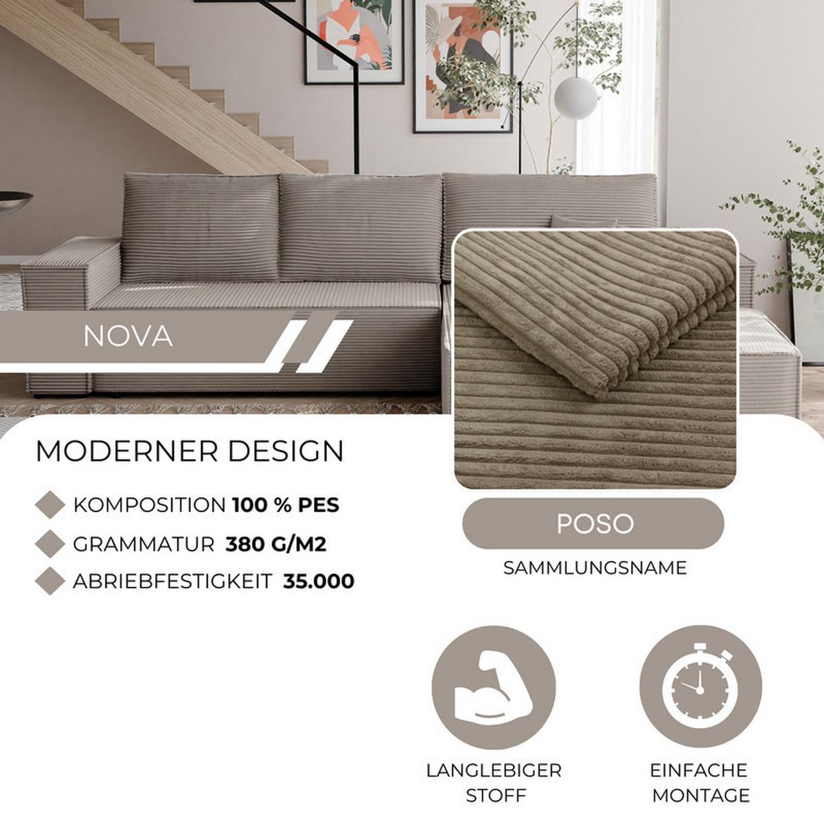 ECKSOFA NOVA Links mit Schlaffunktion und Bettkasten Cappuccino - Cappuccino, Kunststoff/Textil (294/185cm) - Idohome