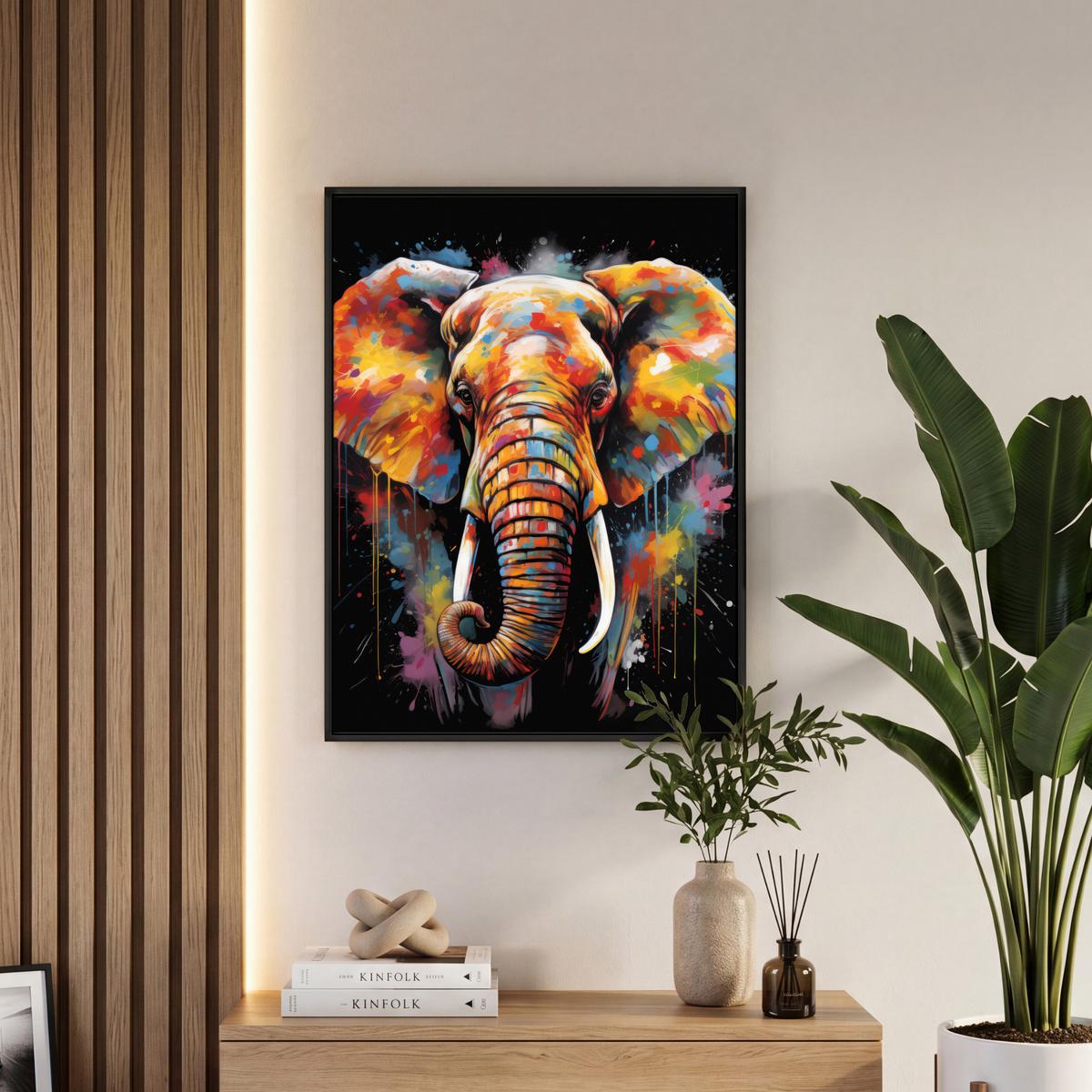LEINWAND Bilder mit Rahmen - Elefant - Graffiti - Schwarz - Tiere - Farben - 60x80 - Schwarz, Textil (60/80cm) - MuchoWow