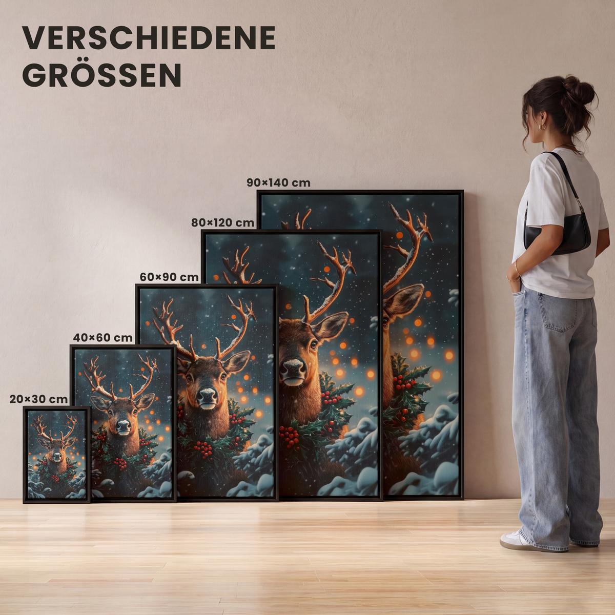 LEINWAND Bilder mit Rahmen - Hirsch - Weihnachten - Winter - Schnee - Weihnachtskranz - 60x90 - Dunkelbraun, Textil (60/90cm) - MuchoWow