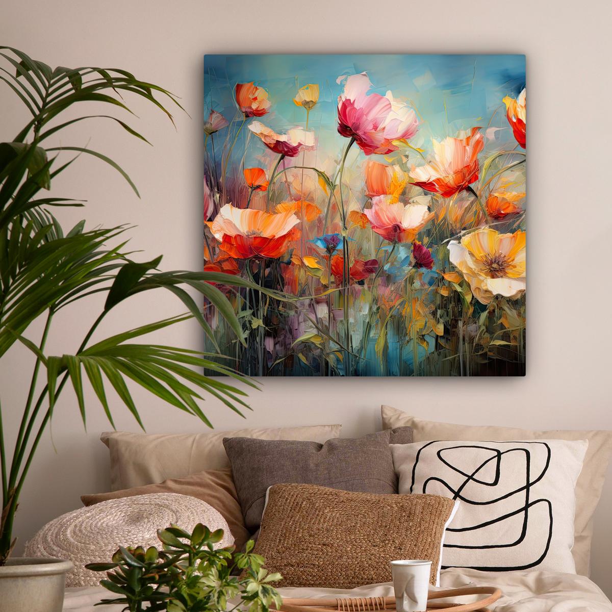 LEINWANDBILD Blumen - Aquarell - Kunst - Botanisch - Natur Deko Groß 90x90 cm - Orange, Textil (90/90cm) - MuchoWow