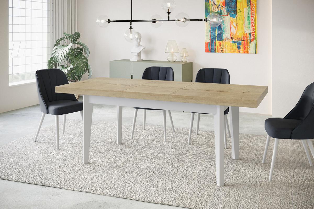 RECHTECKIGER Esszimmertisch SKANDI, ausziehbarer Tisch, Größe: 140-180X80X78 cm, Wohnzimmertisch Farbe: HALIFAX, mit Holzbeinen in Farbe Weiß - Naturfarben/Weiß, Holzwerkstoff (140/80/78cm) - Alpi-Möbel