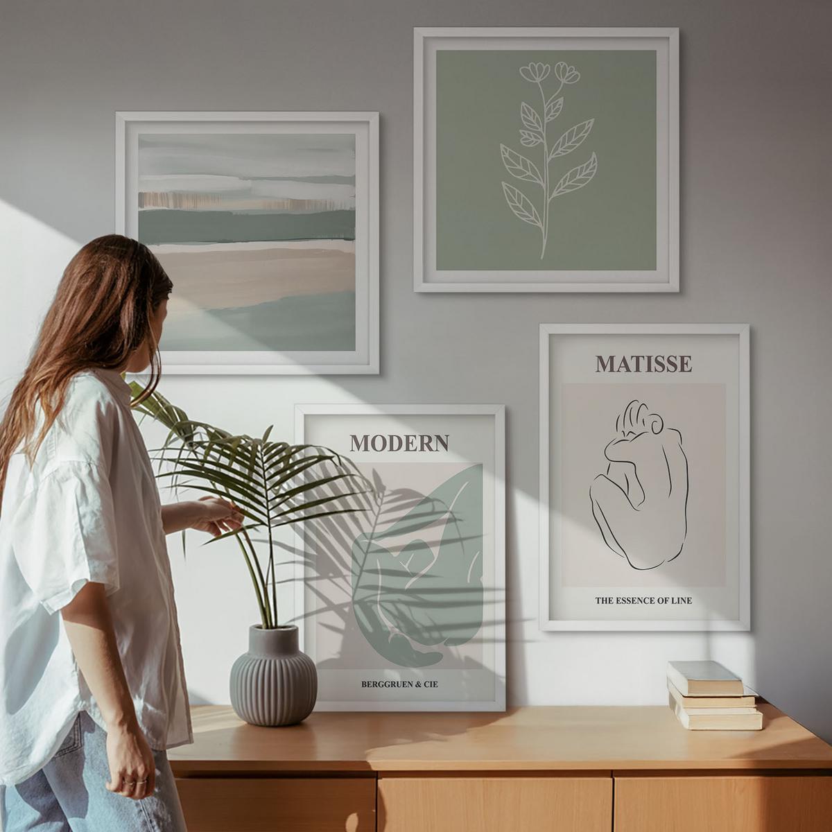 BILDER SET 4er Set - 50x50 cm & 40x60 cm Weißer Rahmen - Abstrakte Pflanzenformen - Weiß, Kunststoff (50/50cm) - TULUP
