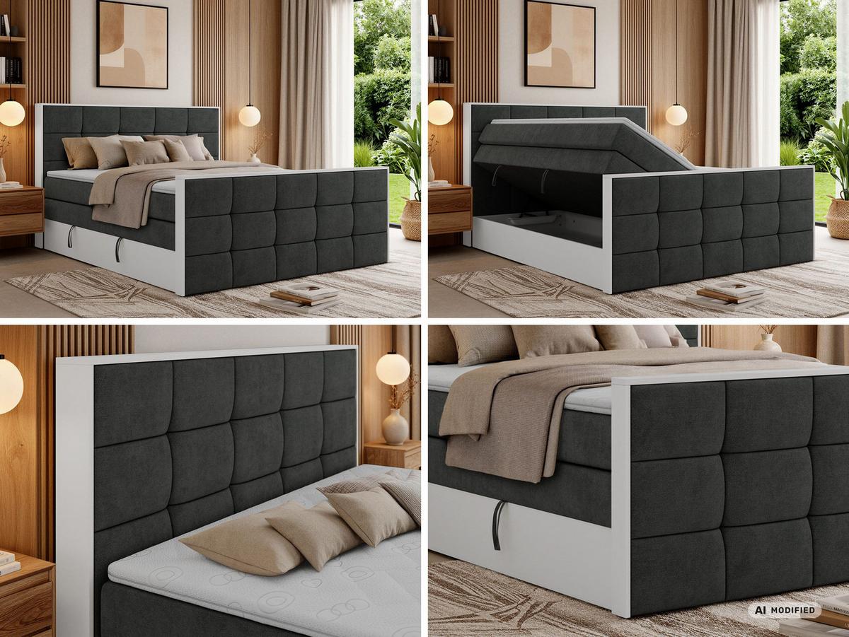 BOXSPRINGBETT ALVIT KING DUO 180/200 - Dunkelgrau Stukture - Topper Visco - H3 - Dunkelgrau/Schwarz, Kunststoff/Textil (180/200cm) - MKS