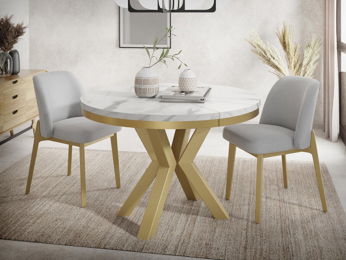 ESSTISCH Clara Gold runder ausziehbarer, Marmor Weiß 100-180/100/76 cm - Ecru/Goldfarben, Holzwerkstoff/Metall (100/176/76cm) - WFL GROUP