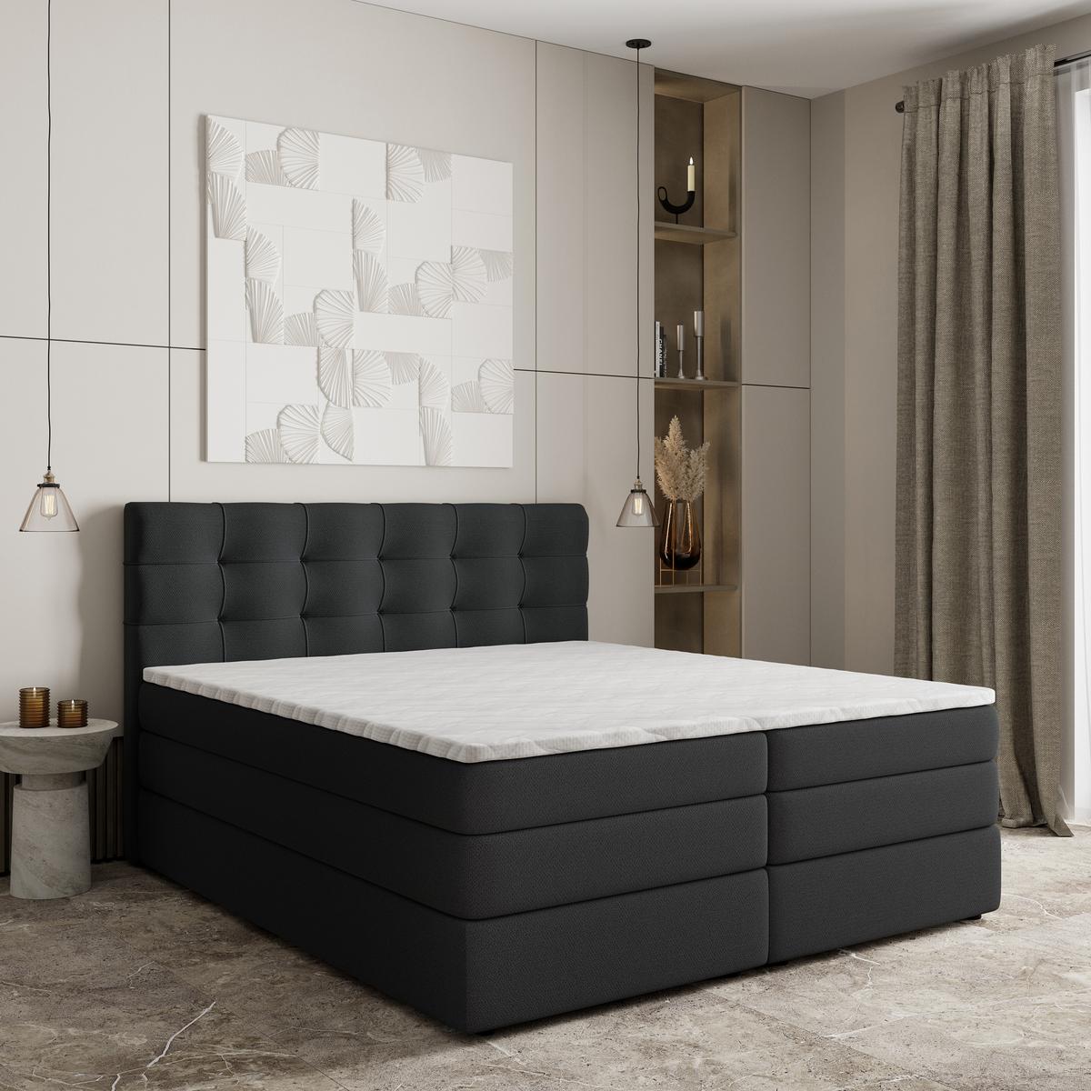 BOXSPRINGBETT AREZI 140x200 cm mit Matratze und Topper - Schwarz - Schwarz, Holz (140/200cm) - MASSENO
