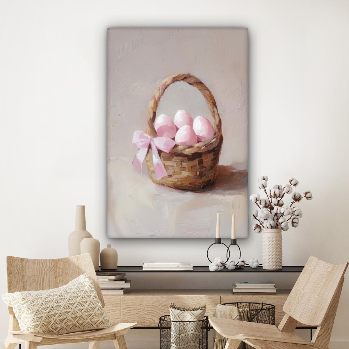LEINWANDBILD Korb - Eier - Rosa Deko XXL 80x120 cm - Beige, Textil (80/120cm) - MuchoWow