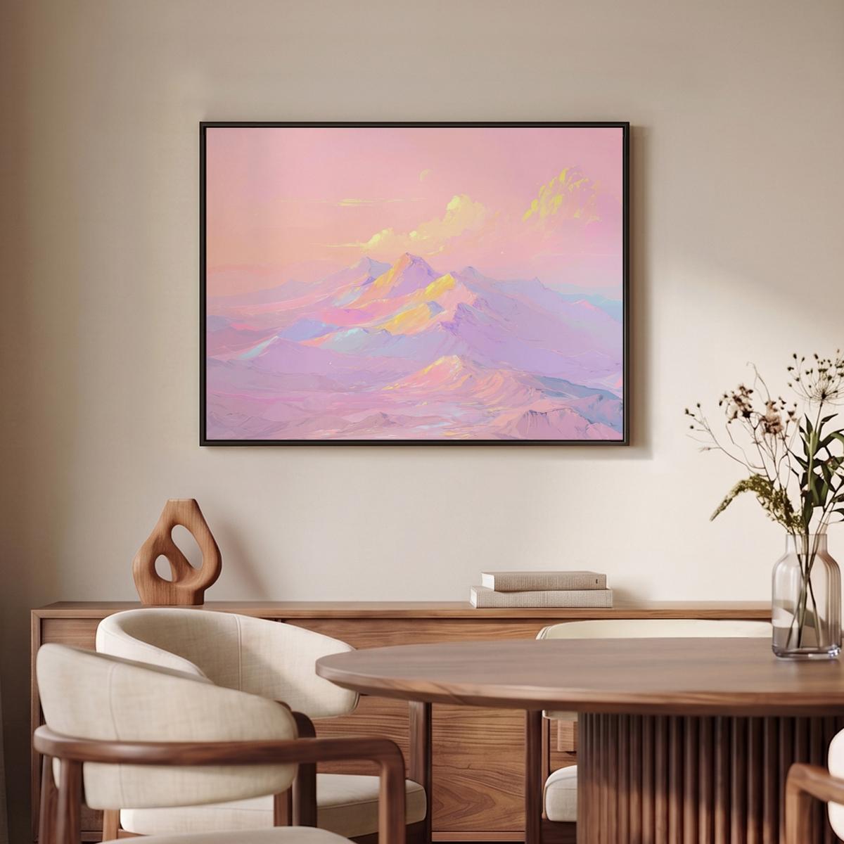 LEINWAND Bilder mit Rahmen - Berggipfel - Wolken - Verträumt - 80x60 - Hellrosa, Textil (80/60cm) - MuchoWow
