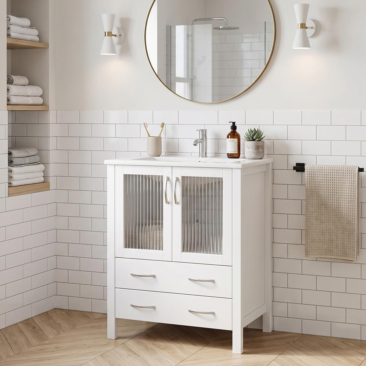 WASCHTISCHUNTERSCHRANK Hochglanz-Weiß mit Keramikbecken & Riffelglas - Weiß, Holzwerkstoff (61/86/47cm) - Urban Meuble