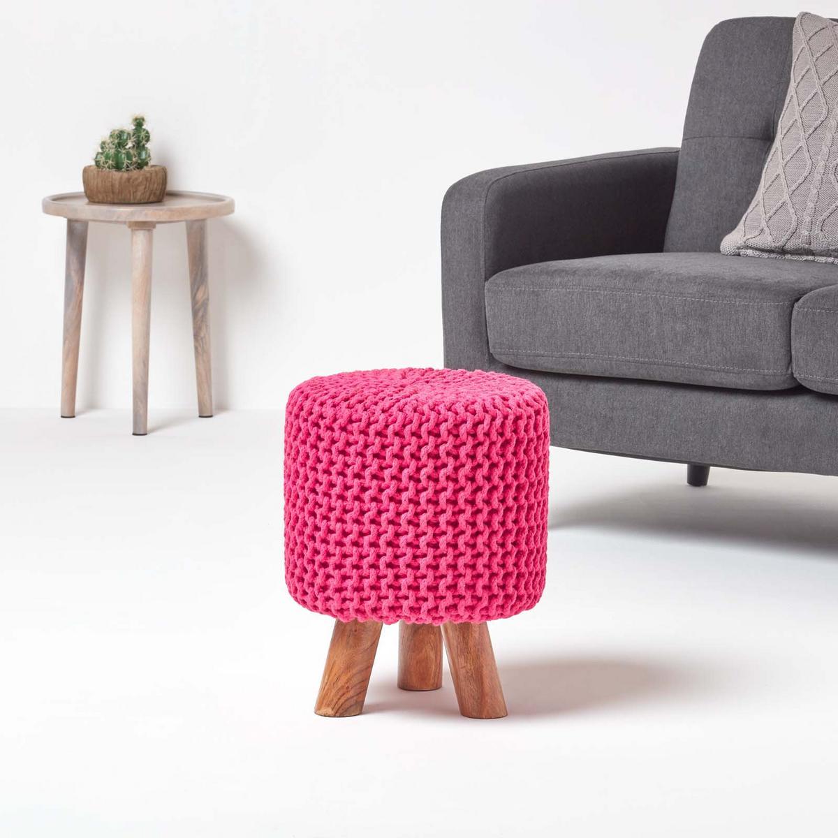 STRICK-HOCKER pink, Dreibein 32/32/42 cm - Pink, Textil (32/42/32cm) - Homescapes