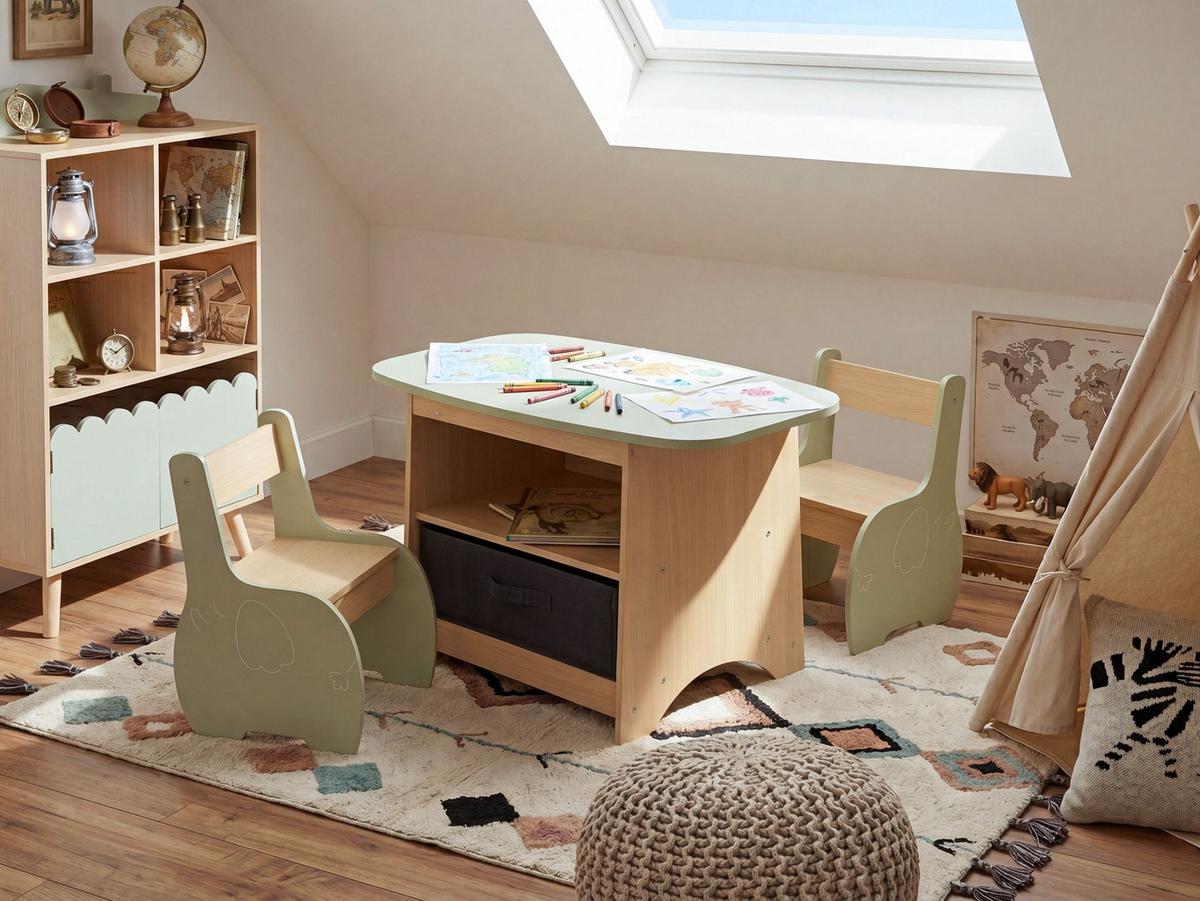 KINDERTISCH mit Stühlen Hellbraun/Grün Lucas - Hellbraun, Holzwerkstoff (80/50/48cm) - Beliani