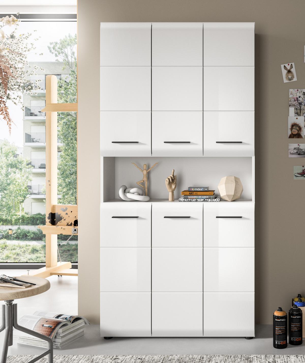 HOCHSCHRANK weiß Hochglanz, Mehrzweckschrank 90 cm mit 13 Fächern - Weiß Hochglanz/Silberfarben, Holzwerkstoff/Kunststoff (90/185/30cm) - Inn.Furn