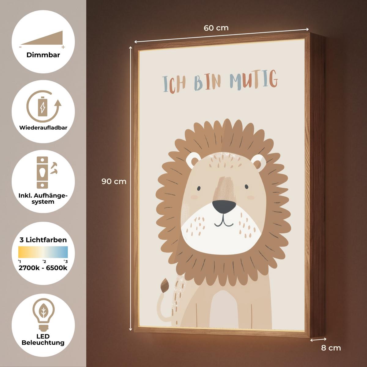 NACHTTISCHLAMPE MIT AKKU Löwe - Beige - Tier - Mutig - Zitat 60x90 cm - Beige, Holzwerkstoff (8/60/90cm) - OnlyWow