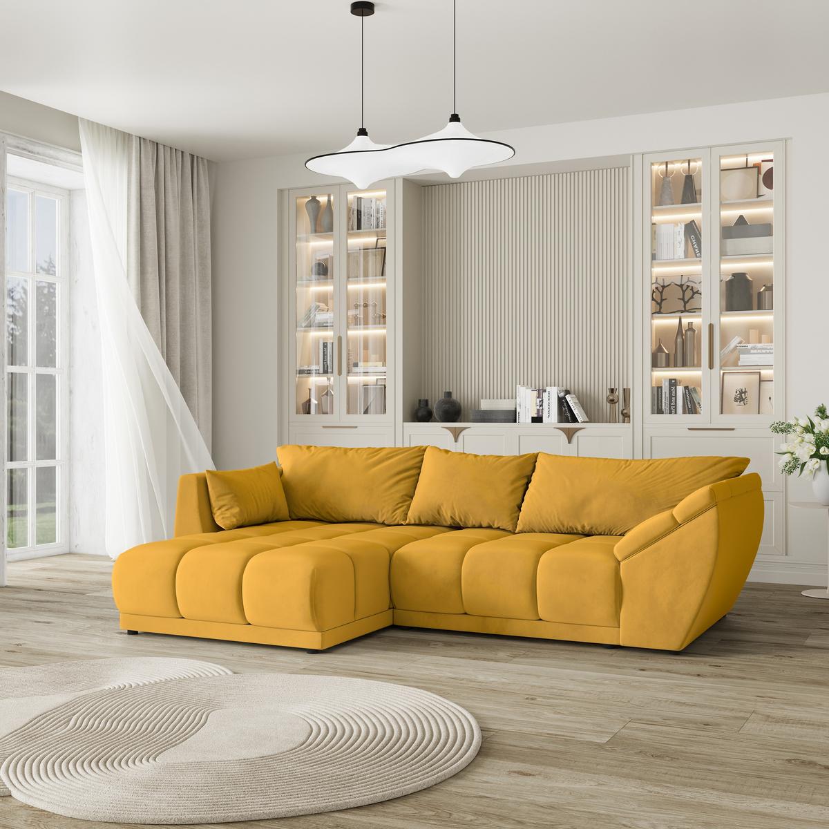 ECKSOFA ORENTI L-S Gelb Velours-Stoff mit Schlaffunktion - Gelb, Holz (287/182cm) - MASSENO