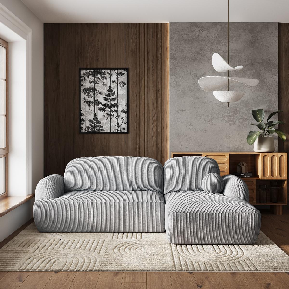 ECKSOFA MODENZA P R-S Hellgrau Kordstoff mit Schlaffunktion - Hellgrau/Schwarz, Holz/Kunststoff (266/148cm) - MASSENO