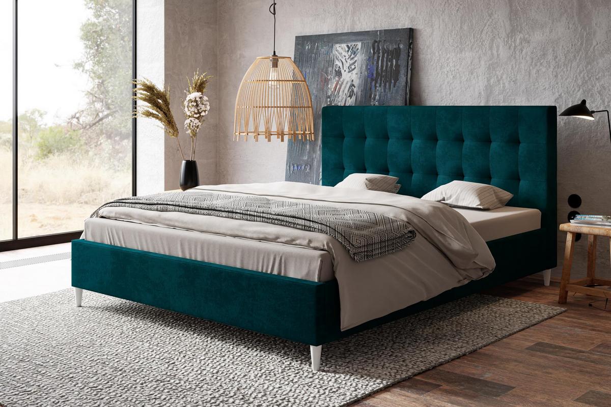 POLSTERBETT LUX Rio mit Kopfteil, 160 x 200 cm, Doppelbett mit Lattenrost aus Holz, Velourstoff Dunkelgrün, Füße in Farbe: Weiß - Dunkelgrün, Holz/Textil (160/200cm) - Alpi-Möbel