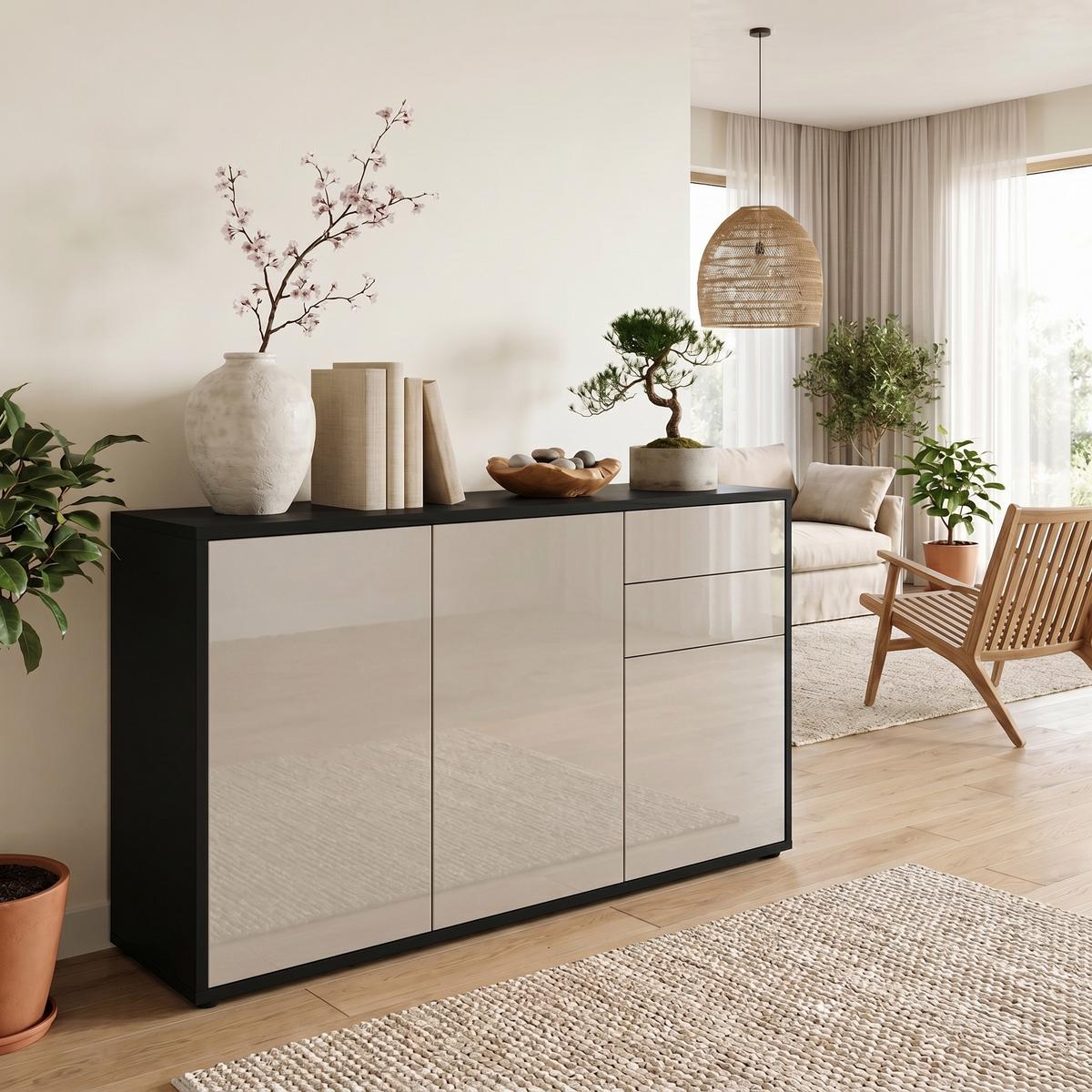 KOMMODE Ben Front in Sandgrau Hochglanz - Sandfarben, Holzwerkstoff (117/74/36cm) - Vladon