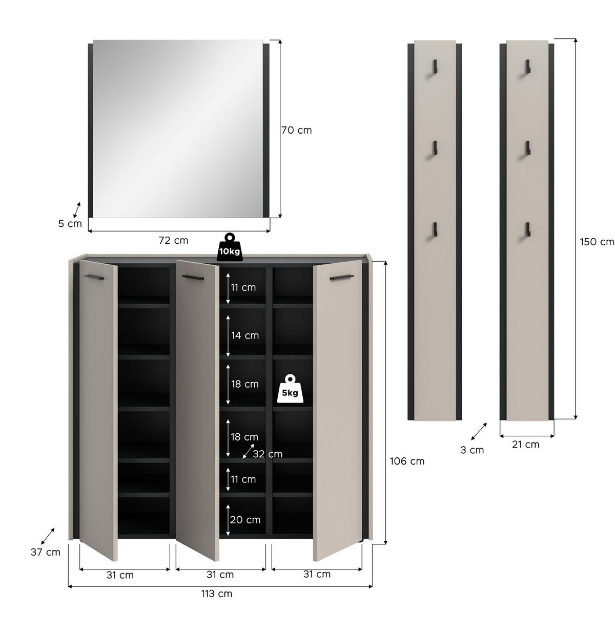 GARDEROBEN-SET 4-teilig Kaschmir 185 x 190 cm, Komplettset mit Soft-Close - Kaschmir/Schwarz, Glas/Holzwerkstoff (185/190/37cm) - Inn.Furn
