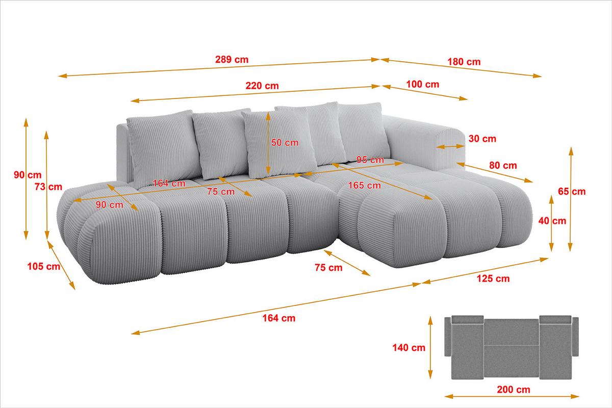 ECKSOFA Ottomane Rechts CLOUD-L-v1 280x185x90 Grau Cord - Grau, Holzwerkstoff/Kunststoff (185/280cm) - ALTDECOR