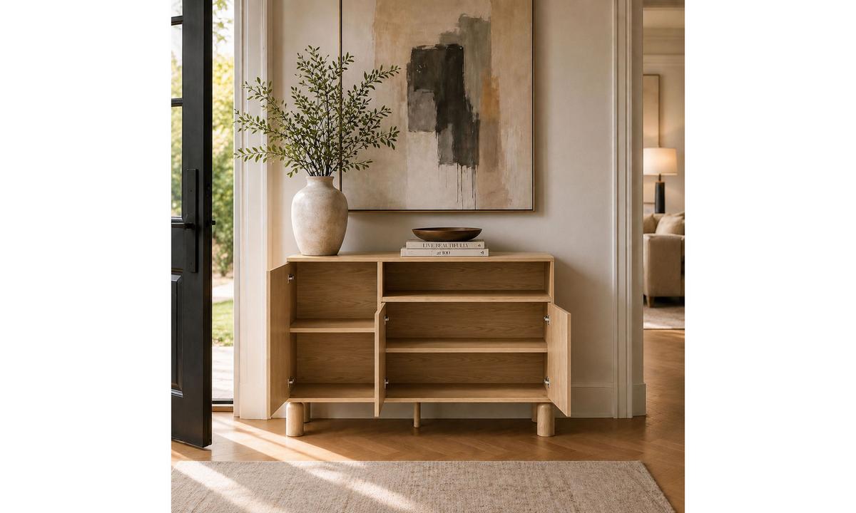 KOMMODE LINDEN 140/40,6/91,6 cm 3 Türen offenes Fach Eiche Bookmatch - Eichefarben, Eichenholz/Holzwerkstoff (140/91.6/40.6cm) - Lookway