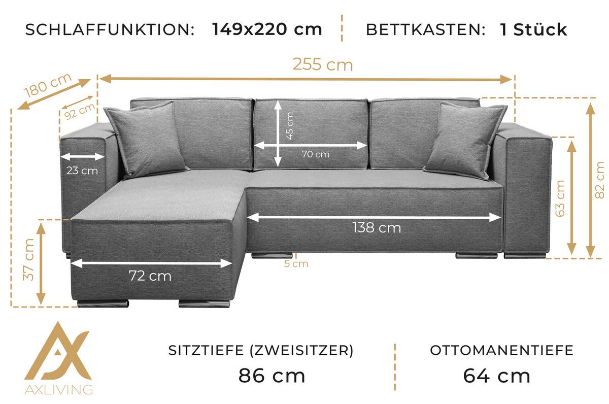 ECKSOFA L Form Vinoria Bordeaux 255/180/82 cm Rechts mit Schlaffunktion - Chromfarben/Bordeaux, Textil/Metall (255/180cm) - AX Living