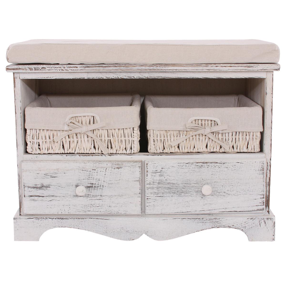 SITZBANK 2 KÖRBE SHABBY-LOOK Cremeweiß - Creme/Weiß, Holz (62/42/33cm) - MCW