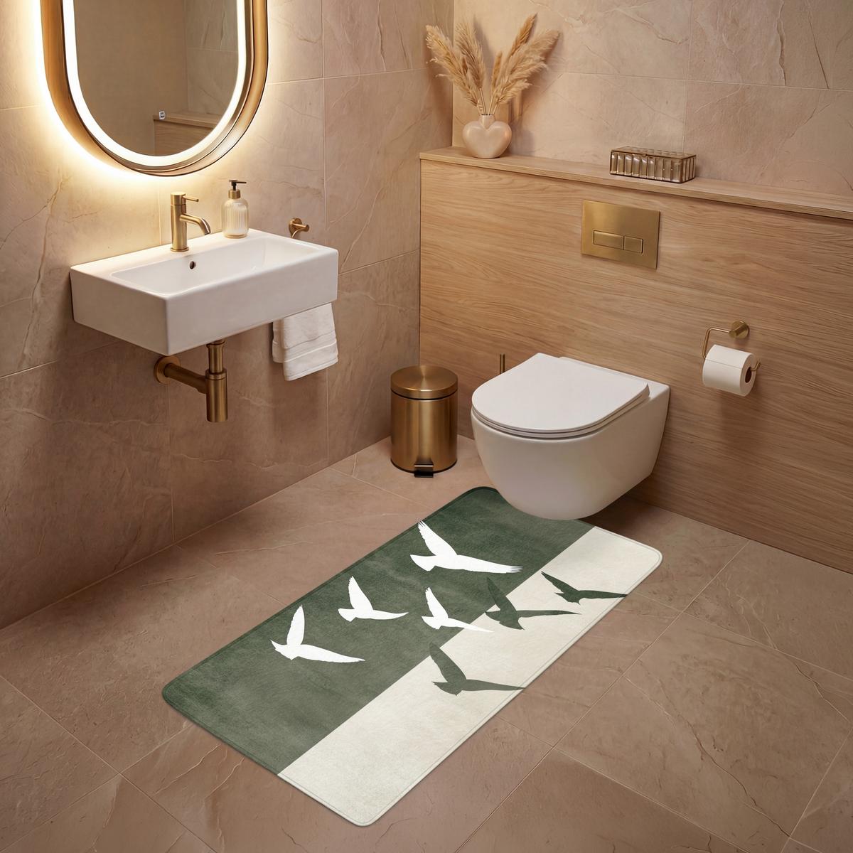 WC-VORLEGER Japandi - Vogel - Grün Toilettenvorleger 60x120 cm - Olivgrün, Textil (60/1cm) - OnlyWow