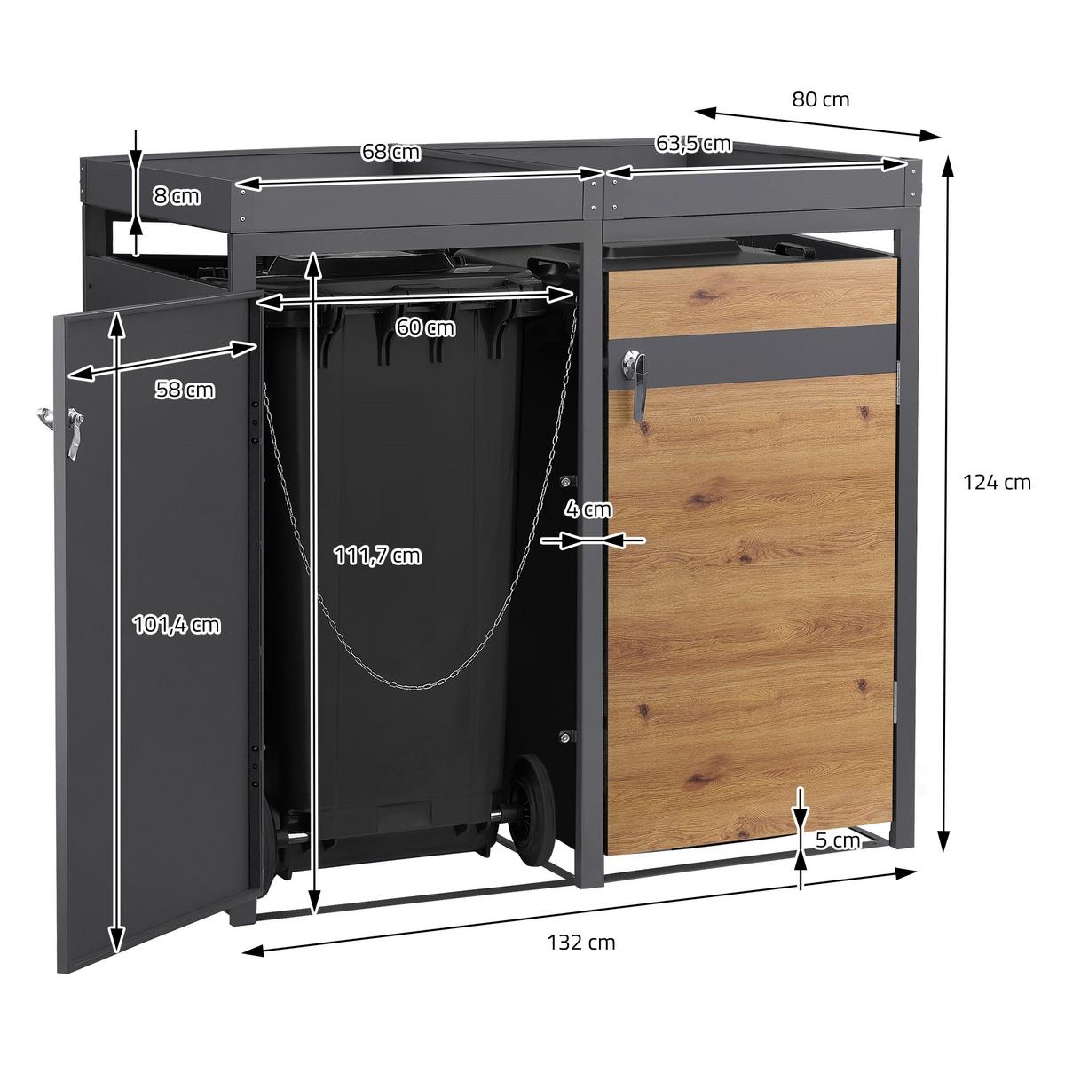 MÜLLTONNENBOX 4er mit Pflanzdach Anthrazit-Holzoptik - Braun, Metall (264/124/80cm) - ML-DESIGN