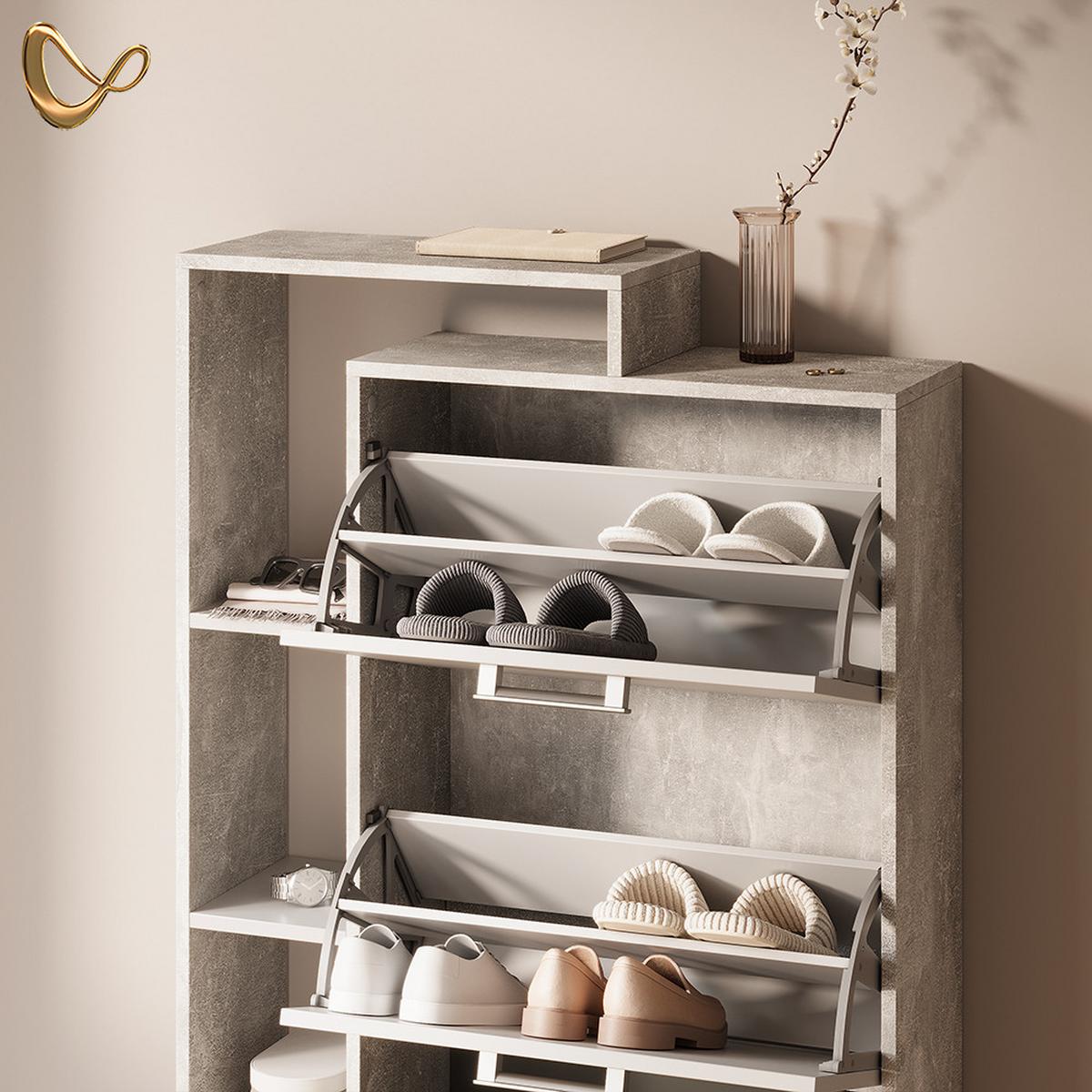 SCHUHKIPPER Ortello Weiß/Beton 80 x 128.3 cm mit 3 Fächern - Weiß/Grau, Holzwerkstoff (80/128.3/24.2cm) - Livinity®