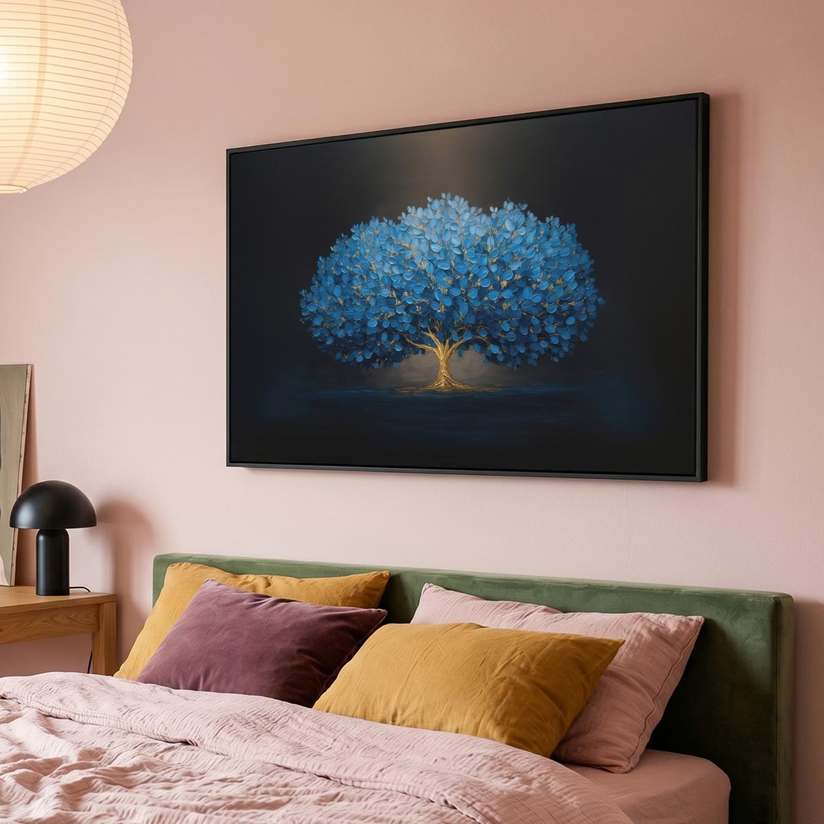 LEINWAND Bilder mit Rahmen - Baum - Blau - Blätter - Pinselstriche - 150x100 - Blau, Textil (150/100cm) - MuchoWow