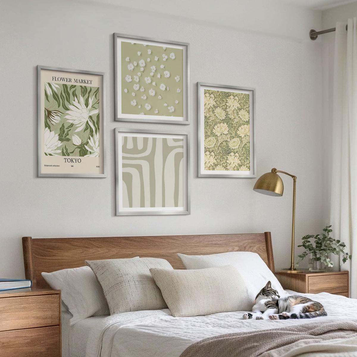 BILDER SET 4er Set - 50x50 cm & 40x60 cm Silberner Rahmen - Boho-Pflanzenkompositionen in Pastellfarben - Silberfarben, Kunststoff (50/50cm) - TULUP