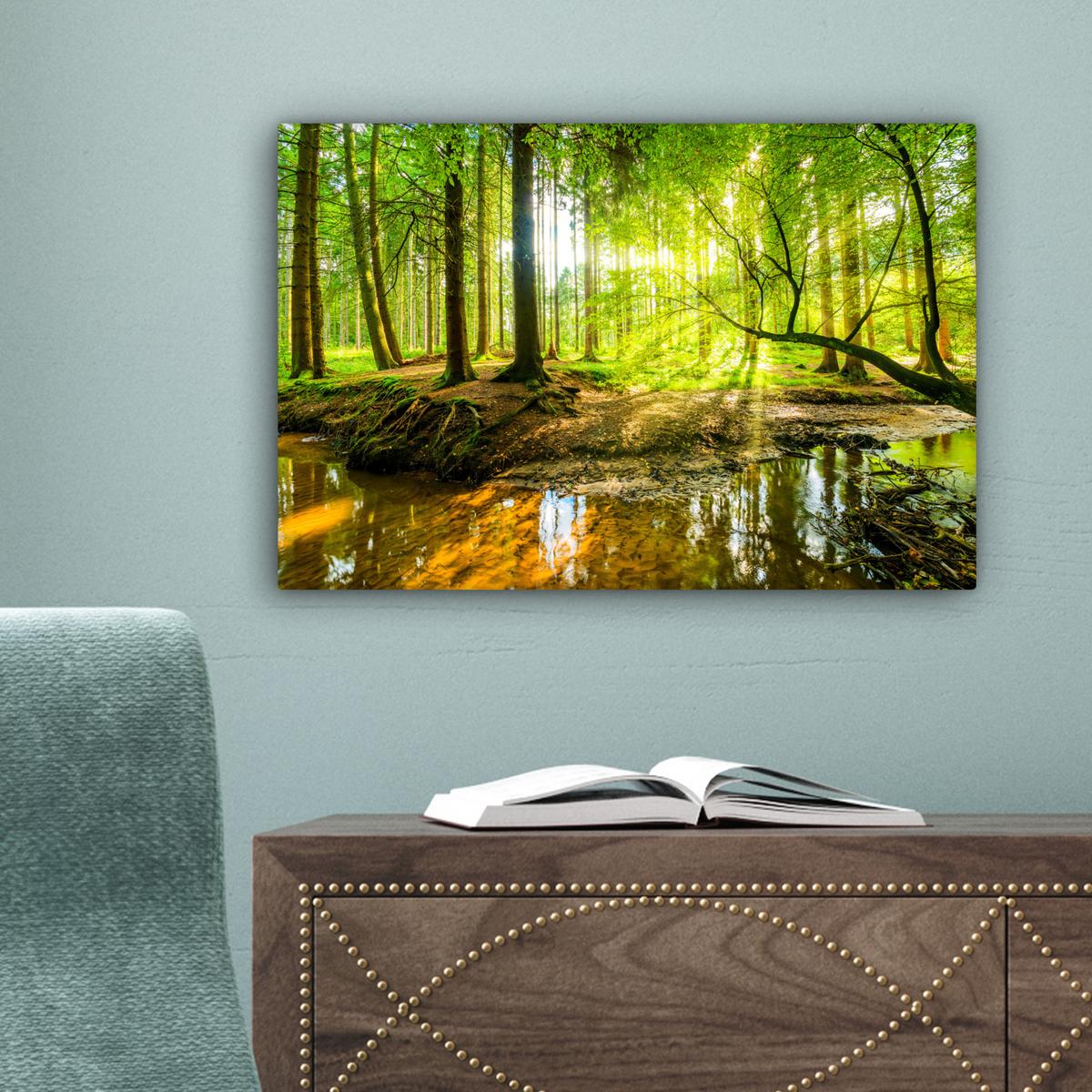 LEINWANDBILD Wald - Landschaft - Wasser - Bäume - Sonne - Grün - Natur Deko Schlafzimmer 30x20 cm - Grün, Textil (30/20cm) - MuchoWow