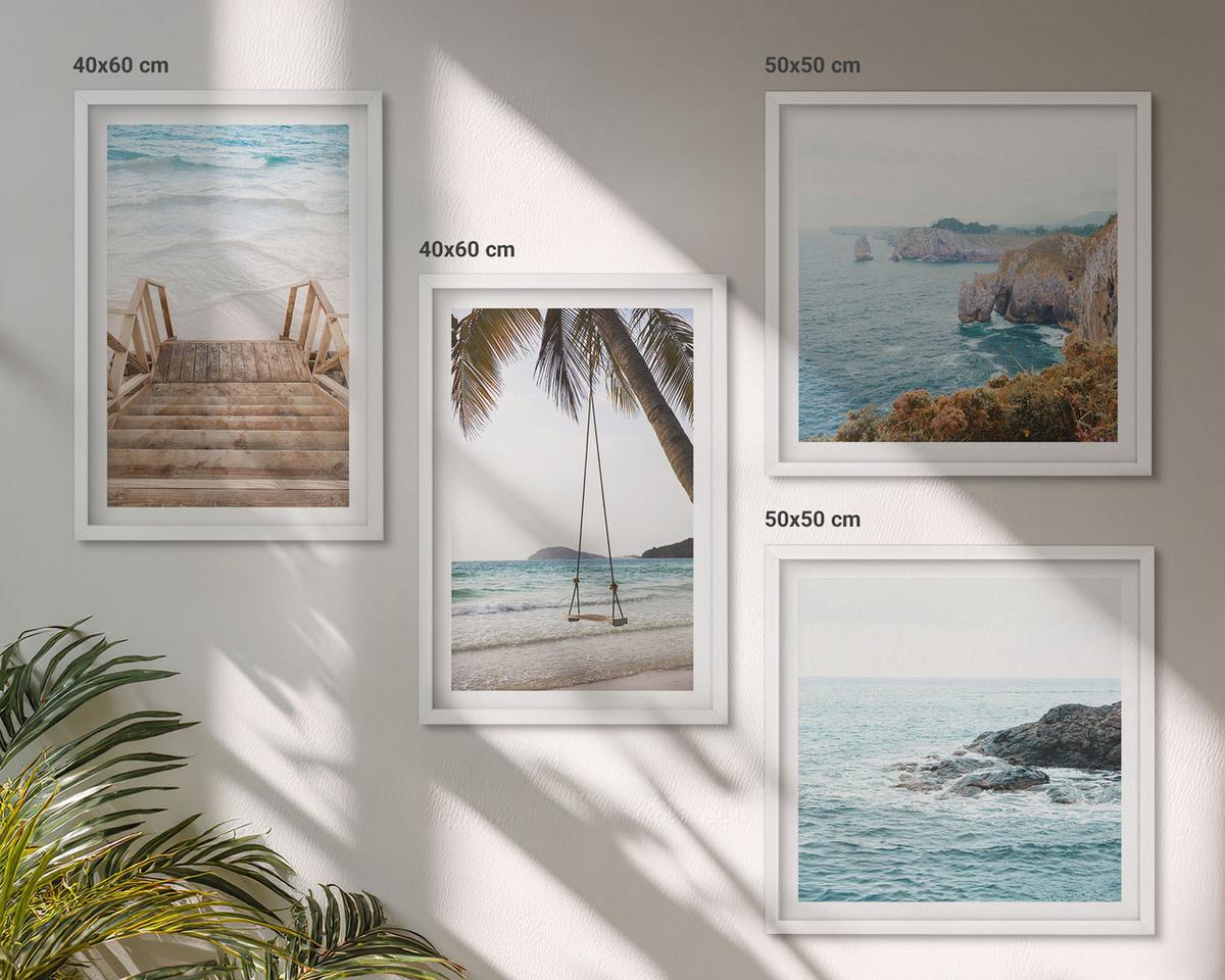 BILDER SET 4er Set - 50x50 cm & 40x60 cm Weißer Rahmen - Treppe, Strand, Meerblick, Schaukel - Weiß, Kunststoff (50/50cm) - TULUP