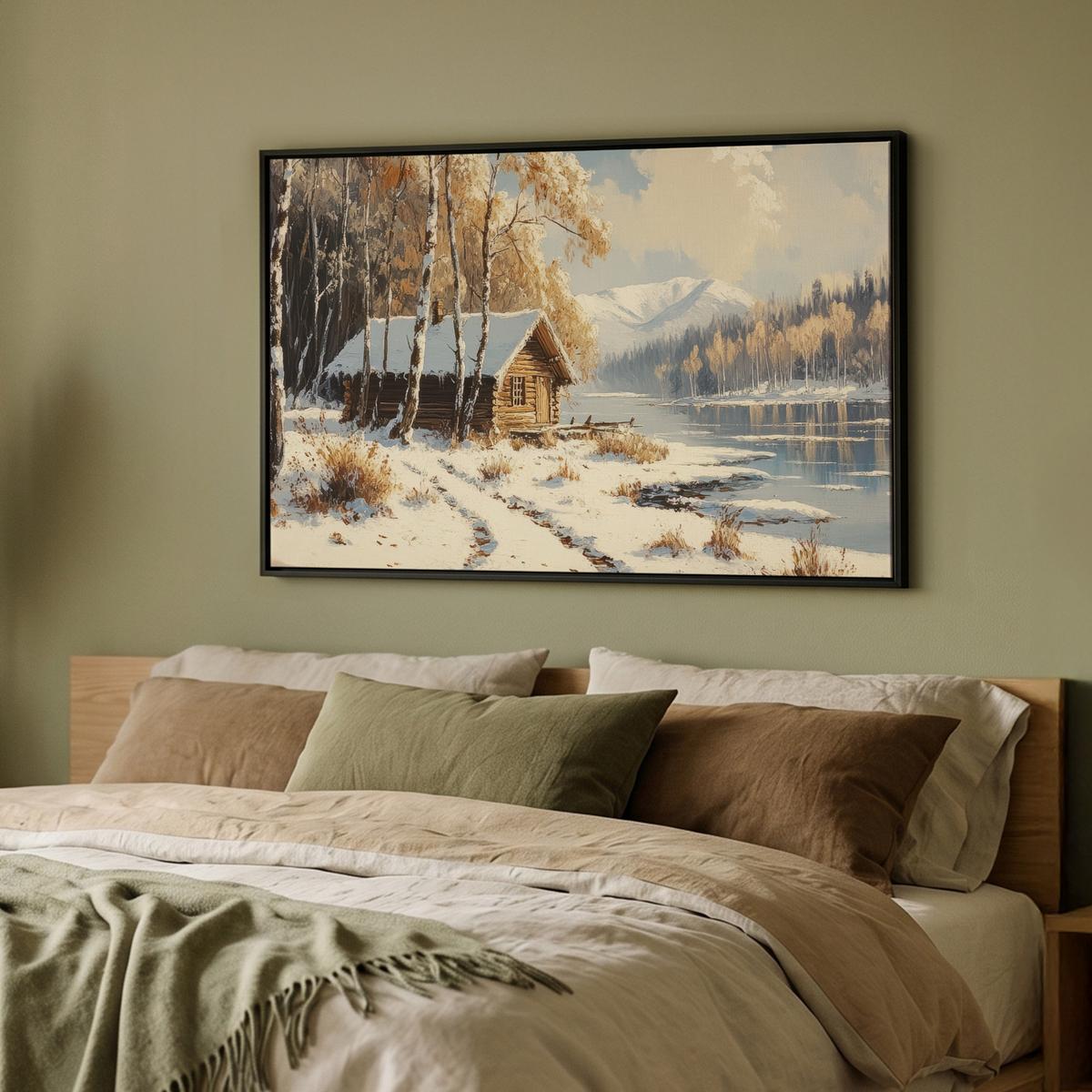 LEINWAND Bilder mit Rahmen - Winter - Schnee - Zuhause - Natur - 90x60 - Hellbraun, Textil (90/60cm) - MuchoWow