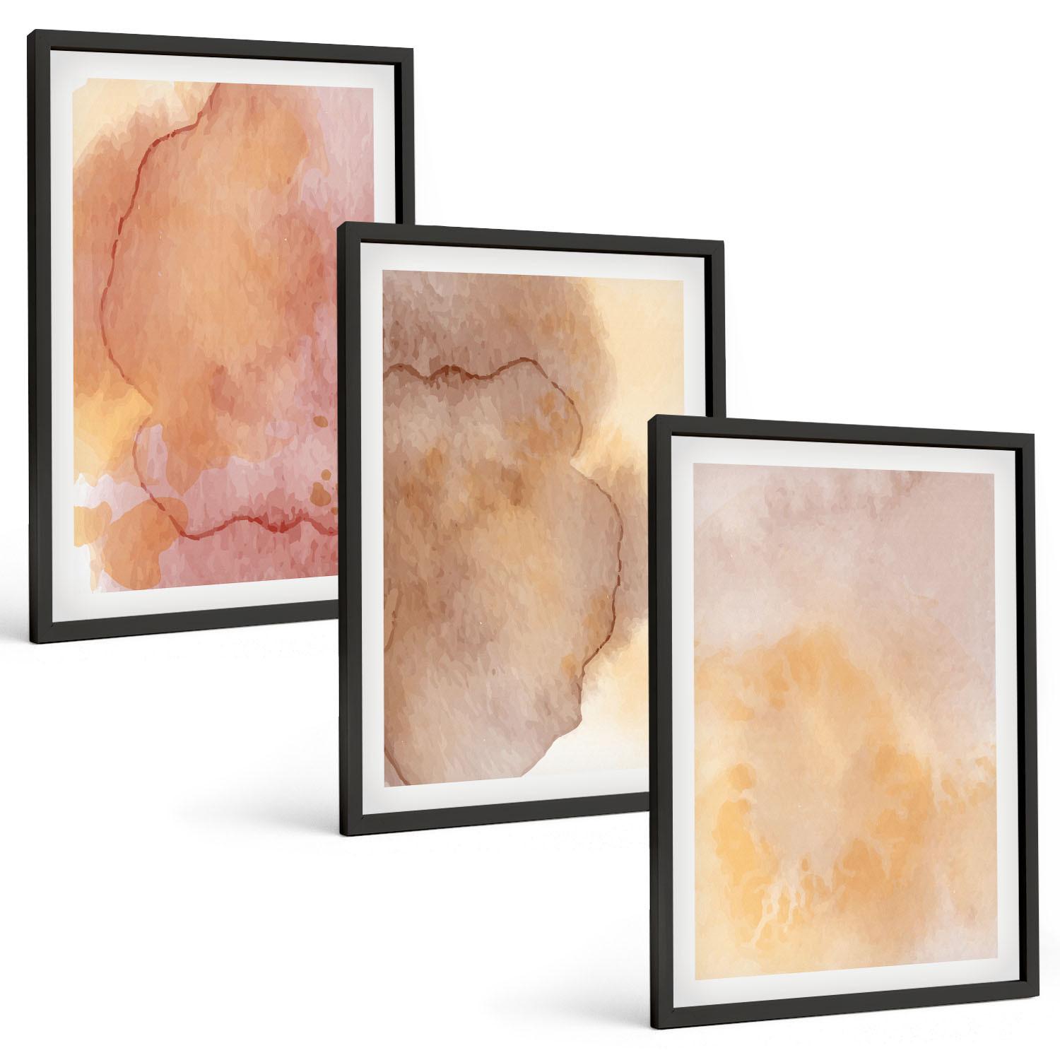 BILDER SET 3er Set - 40x60 cm Schwarzer Rahmen - Warme, farbenfrohe Aquarelltexturen - Schwarz, Kunststoff (40/60cm) - TULUP