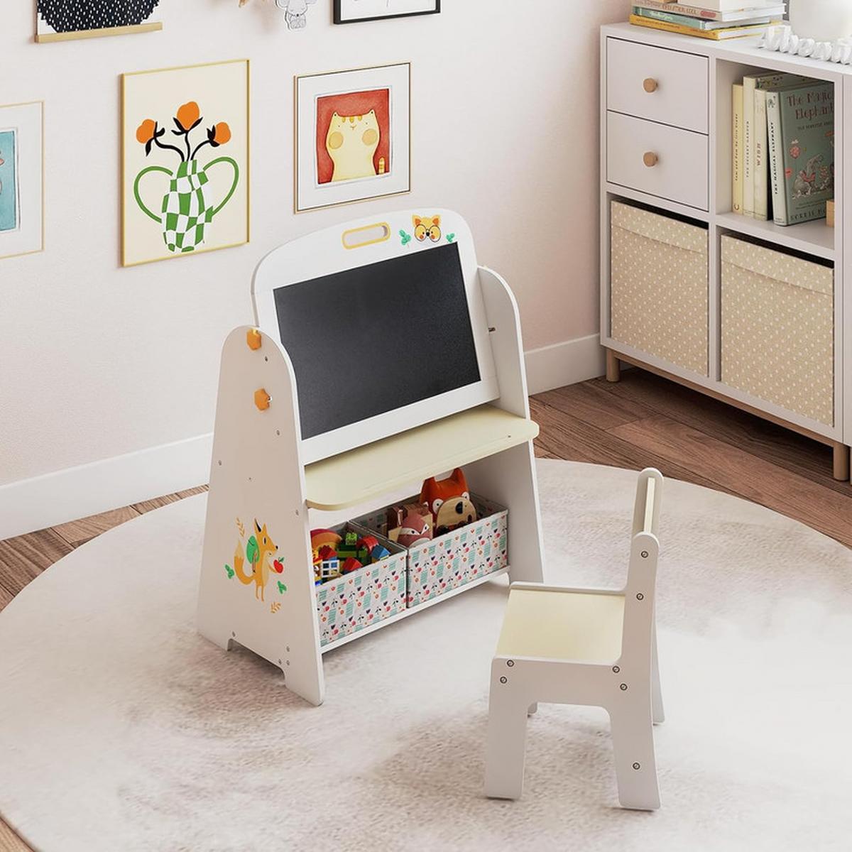 KINDERSTAFFELEI-SET mit Stuhl natur(2-tlg) - Naturfarben, Holzwerkstoff (60/80/40cm) - COSTWAY
