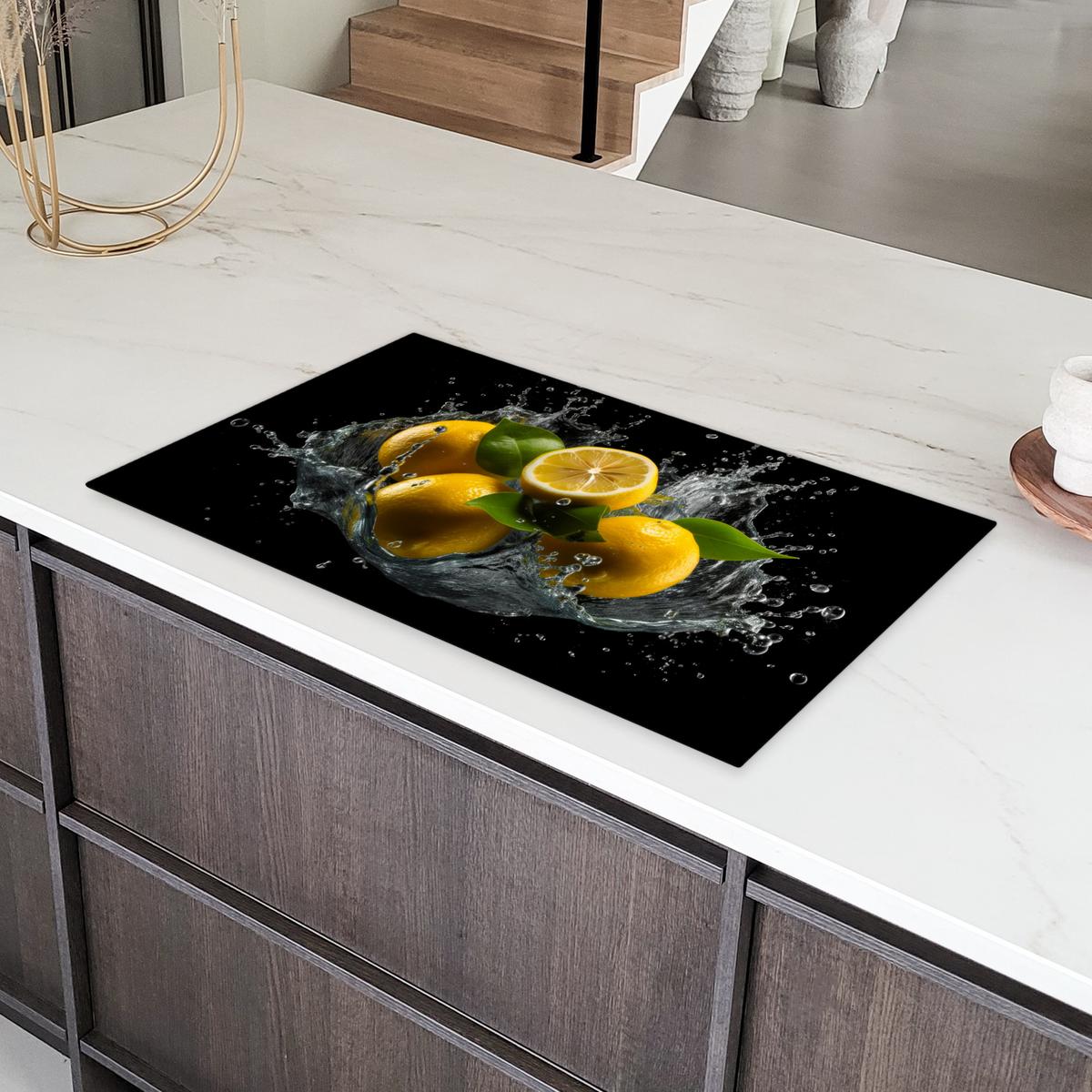 HERDABDECKPLATTE Zitrone - Obst - Gelb - Schwarz Ceranfeldabdeckung 90x52 cm - Gelb, Kunststoff (90/52/0.2cm) - MuchoWow