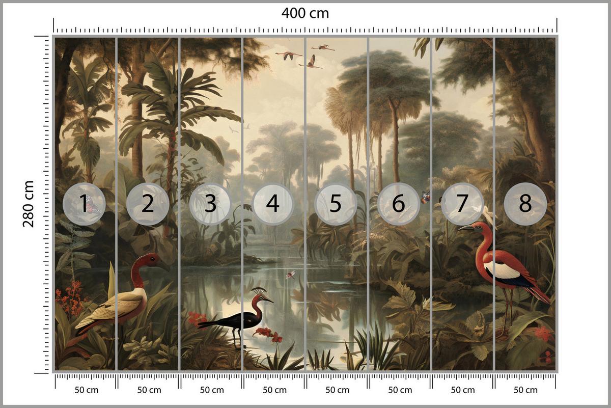 FOTOTAPETE Dschungel Tropische Pflanzen Vögel 400x280 - Gelb/Beige, Papier (400/280cm) - Muralo