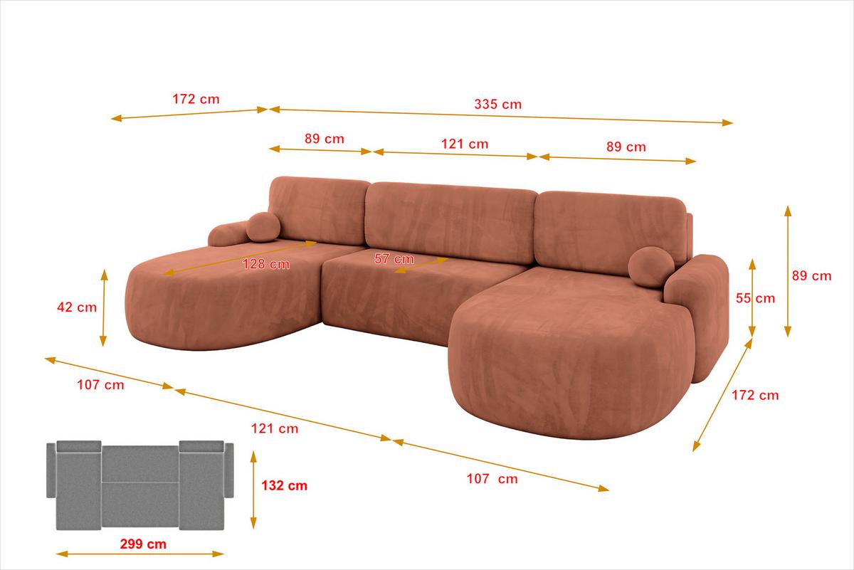 WOHNLANDSCHAFT mit Schlaffunktion und Bettkasten LIRA-U - 335x172x89 Apricot - Orange, Holzwerkstoff/Textil (335/89/172cm) - ALTDECOR