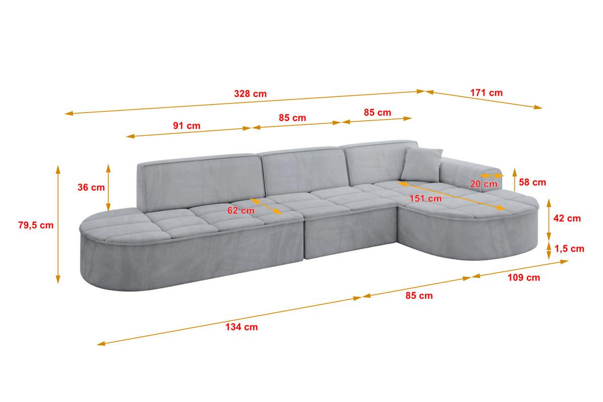 ECKSOFA Ottomane Rechts TARO-L2 - 328x171x79,5 cm Hellgrau - Grau, Holzwerkstoff/Textil (328/171cm) - ALTDECOR