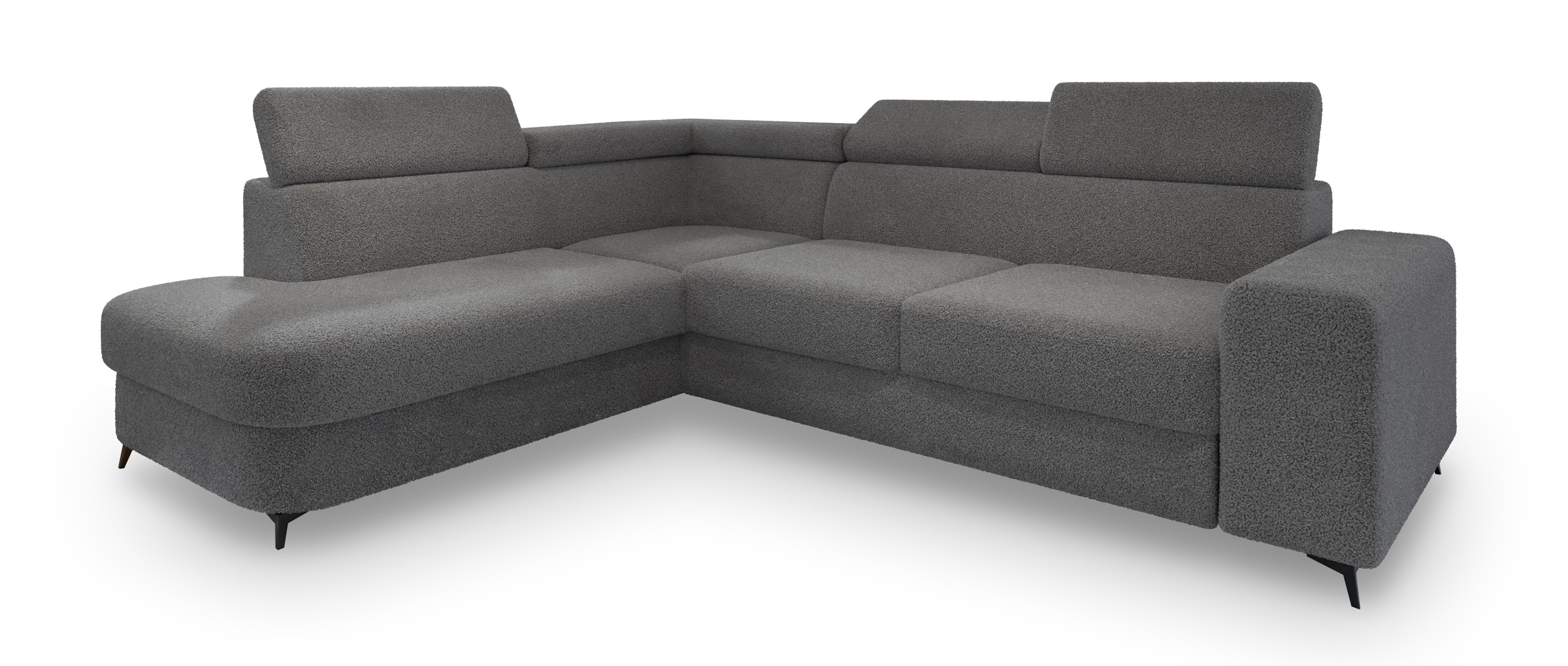 ECKSOFA ALVORO L-S Grau Boucle-Stoff mit Schlaffunktion - Grau, Holz (253/190cm) - MASSENO