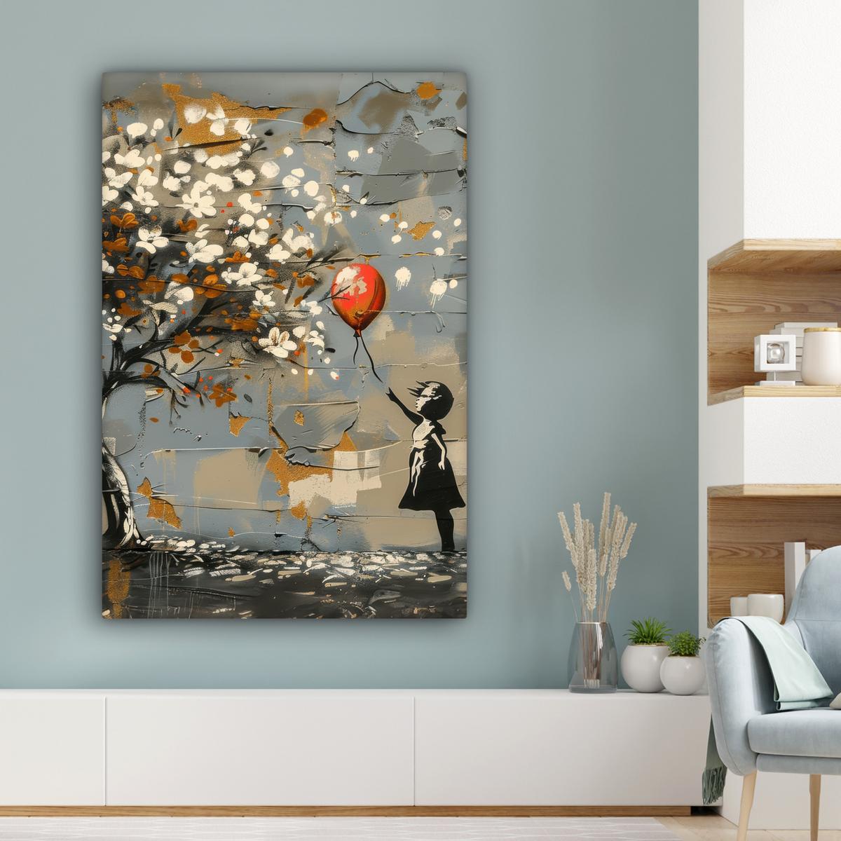 LEINWANDBILD Baum - Graffiti - Banksy-Stil - Ballon-Mädchen Deko XXL 80x120 cm - Blaugrau, Textil (80/120cm) - MuchoWow