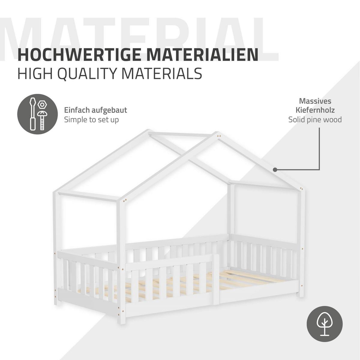HAUSBETT 80x160 cm Weiß aus Kiefernholz mit Rausfallschutz - Weiß, Holz (80/160cm) - ML-DESIGN