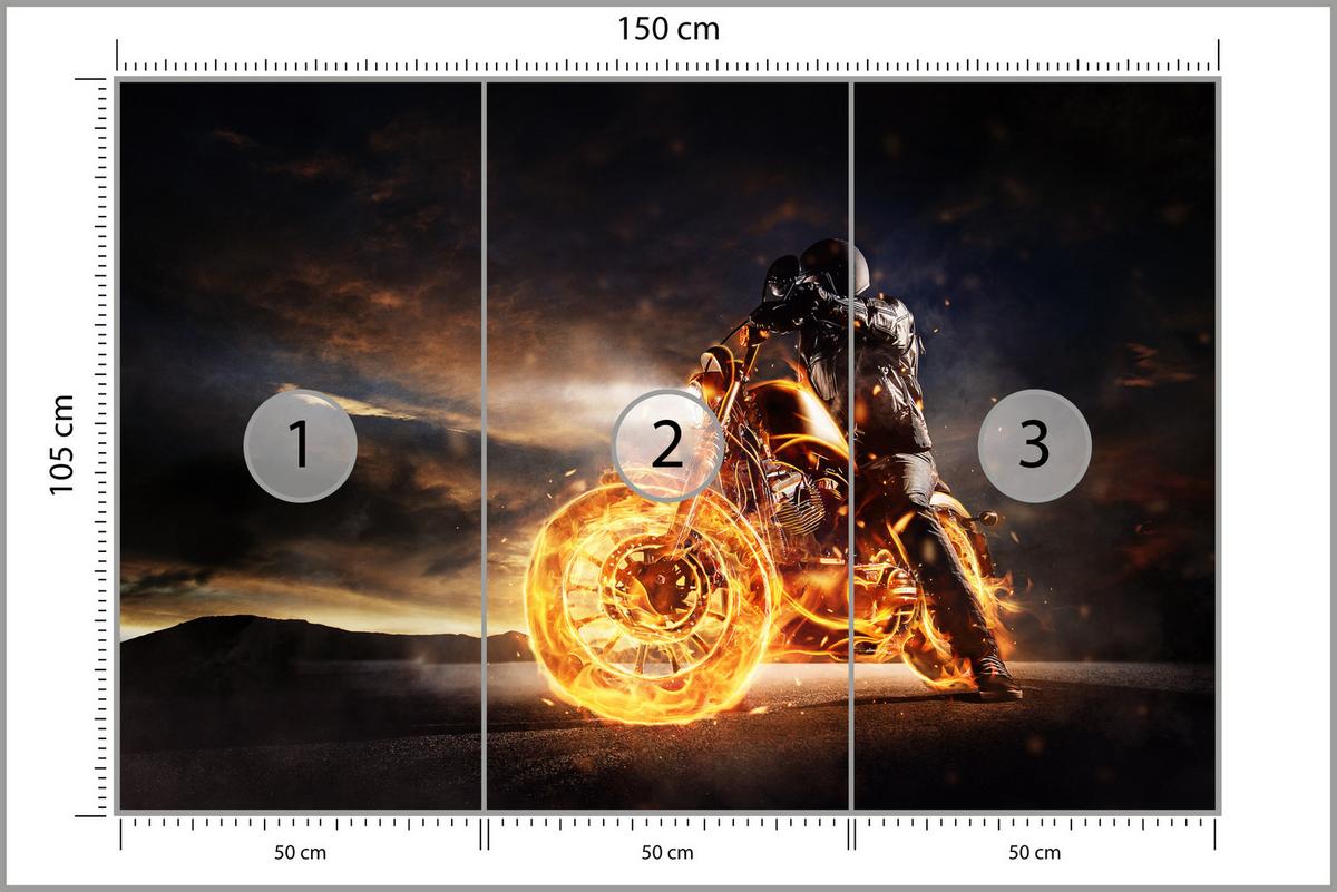FOTOTAPETE für Jugendzimmer Mann Brennenden Motorrad Sport Nacht 150x105 - Schwarz/Orange, Papier (150/105cm) - Muralo
