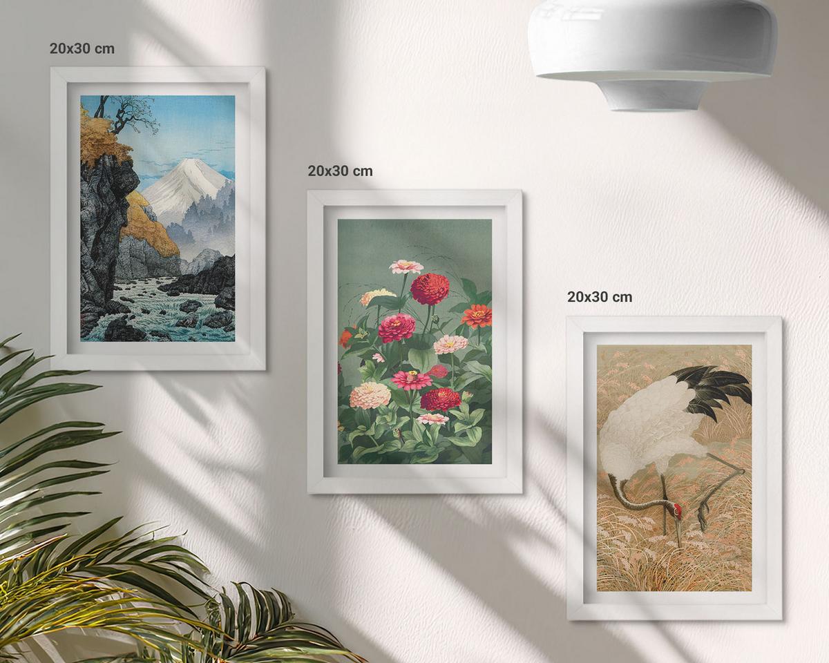 BILDER SET 3er Set - 20x30 cm Weißer Rahmen - Berglandschaft, Fluss, Blumen, Kraniche - Weiß, Kunststoff (20/30cm) - TULUP