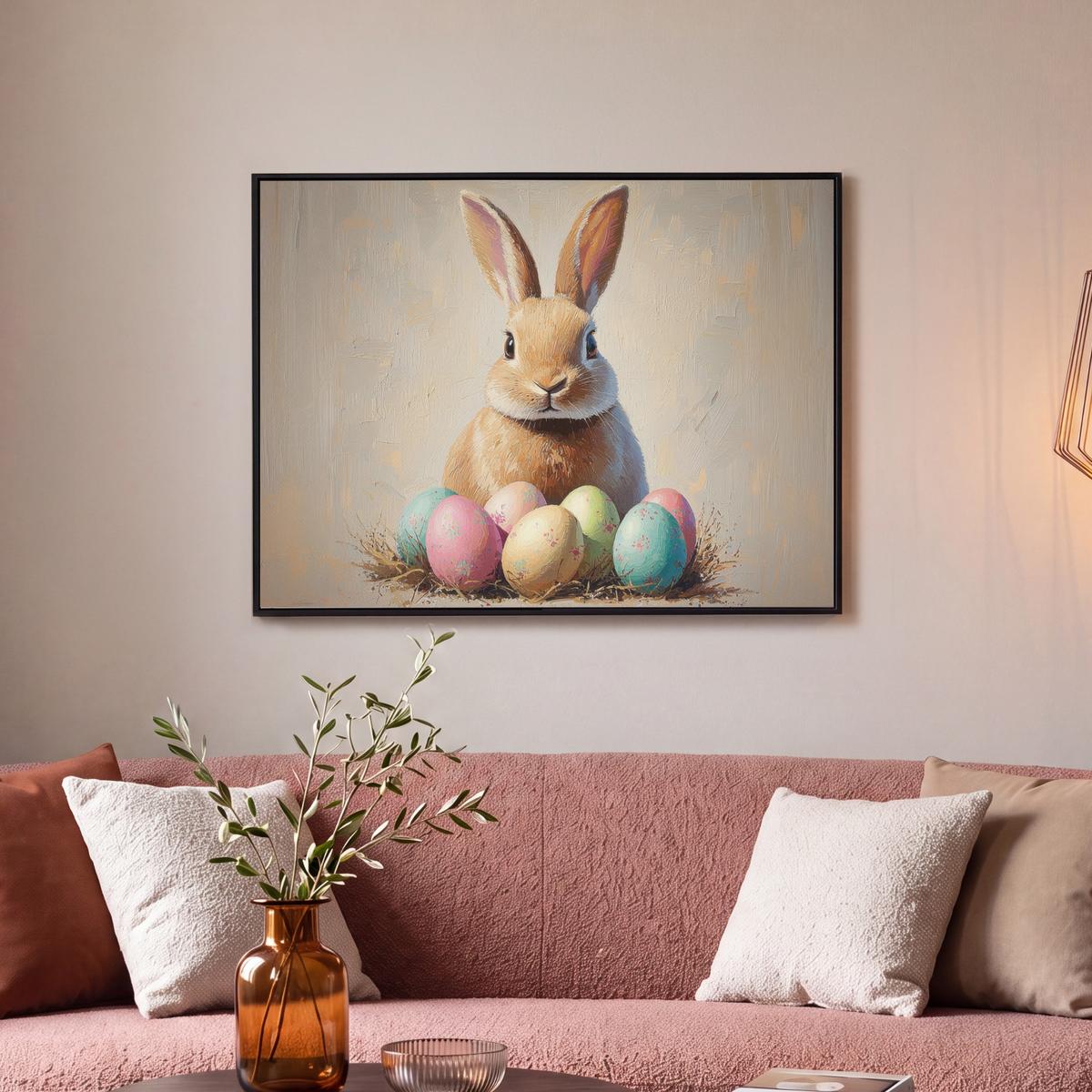 LEINWAND Bilder mit Rahmen - Osterhase - Pastell - Eier - 70x50 - Beige, Textil (70/50cm) - MuchoWow