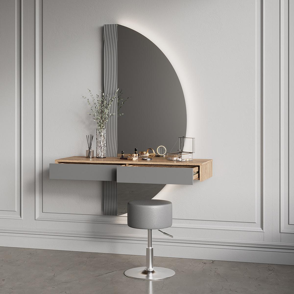 SCHMINKTISCH Ascona Grau mit Beleuchtung und Hocker - Grau, Holzwerkstoff (120/161.1/40cm) - Livinity®