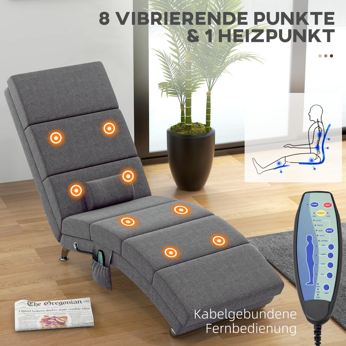 BODENSTUHL, Massagesessel Relaxsessel Liegesessel mit Fernbedienung - Dunkelgrau/Silberfarben, Textil/Metall (56/84/168cm) - HOMCOM